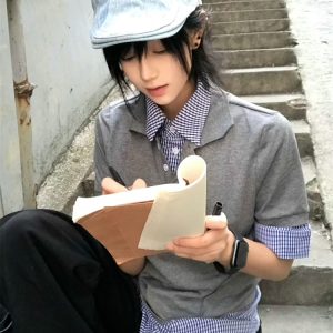 Summer Color-Blocked Retro Two-Piece Short Sleeve T-Shirt for Women - Slim Fit Polo Collar Flattering Shoulder Top