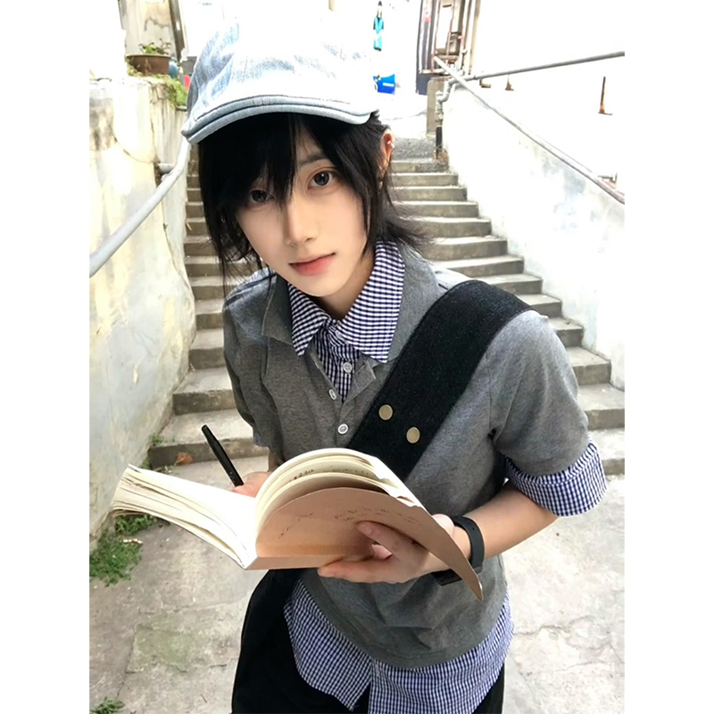 Summer Color-Blocked Retro Two-Piece Short Sleeve T-Shirt for Women - Slim Fit Polo Collar Flattering Shoulder Top