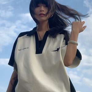 Summer Color-Blocking Short-Sleeve T-Shirt for Women - American College Style Polo Collar Round Neck Heavyweight Top