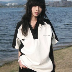 Summer Color-Blocking Short-Sleeve T-Shirt for Women - American College Style Polo Collar Round Neck Heavyweight Top