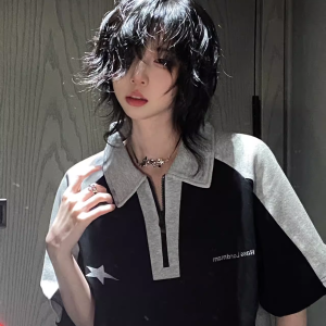 Summer Color-Blocking Short-Sleeve T-Shirt for Women - American College Style Polo Collar Round Neck Heavyweight Top