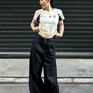 Summer Color-Blocking Spliced Jersey T-Shirt for Women - Retro Short Sleeve Slim Fit V-Neck Cropped Top