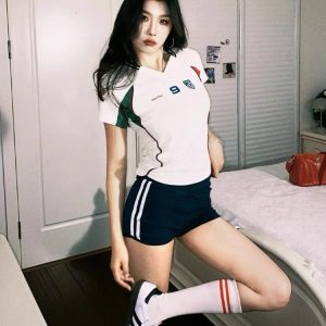 Summer Color-Blocking Spliced Jersey T-Shirt for Women - Retro Short Sleeve Slim Fit V-Neck Cropped Top