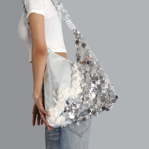 Summer Cute Cat Tote Bag with Silver Sequins - Trendy Large Capacity Shoulder Crossbody Bag