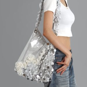 Summer Cute Cat Tote Bag with Silver Sequins - Trendy Large Capacity Shoulder Crossbody Bag