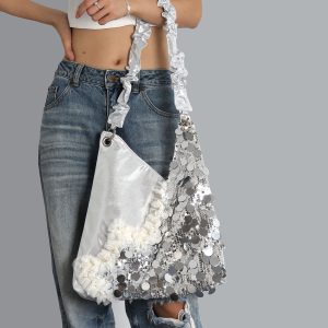 Summer Cute Cat Tote Bag with Silver Sequins - Trendy Large Capacity Shoulder Crossbody Bag
