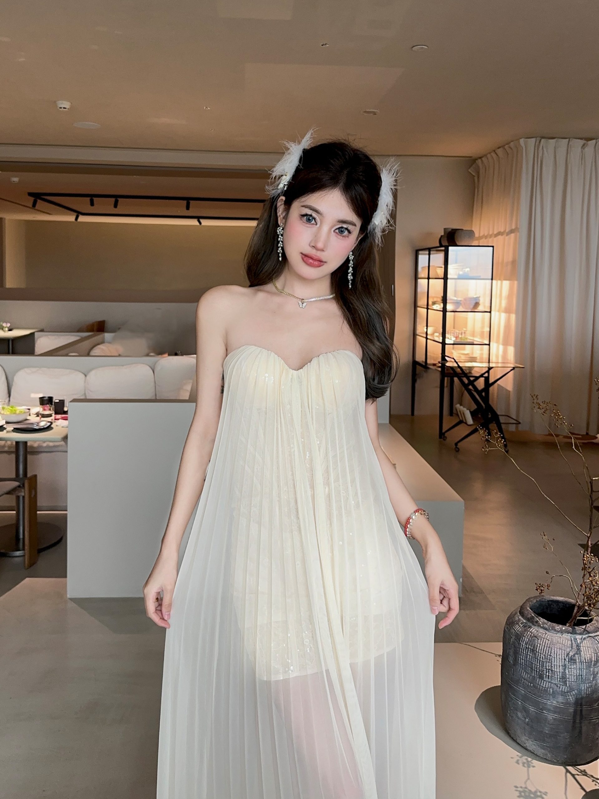 Summer Dazzling Strapless Mesh Dress for Women - Sexy Backless High-End Long Dress in 90s Style Summer Dazzling Strapless Mesh Dress for Women - Sexy Backless High-End Long Dress in 90s Style