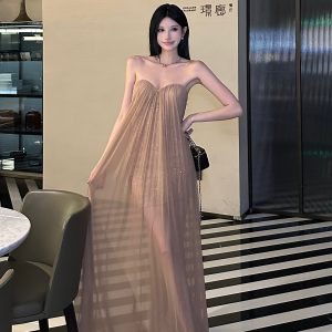 Summer Dazzling Strapless Mesh Dress for Women - Sexy Backless High-End Long Dress in 90s Style