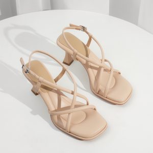 Summer Elegant Sheepskin French Cross-Strap Square-Toe Sandals for Women, Versatile Thin-Heeled Roman High Heels
