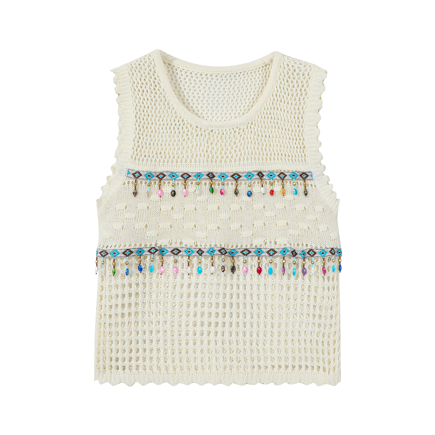 Summer Ethnic Style Knitted Vest with Lace Hollow Design and Bead Tassels - Short Sleeveless Top for Boho and Festival Fashion