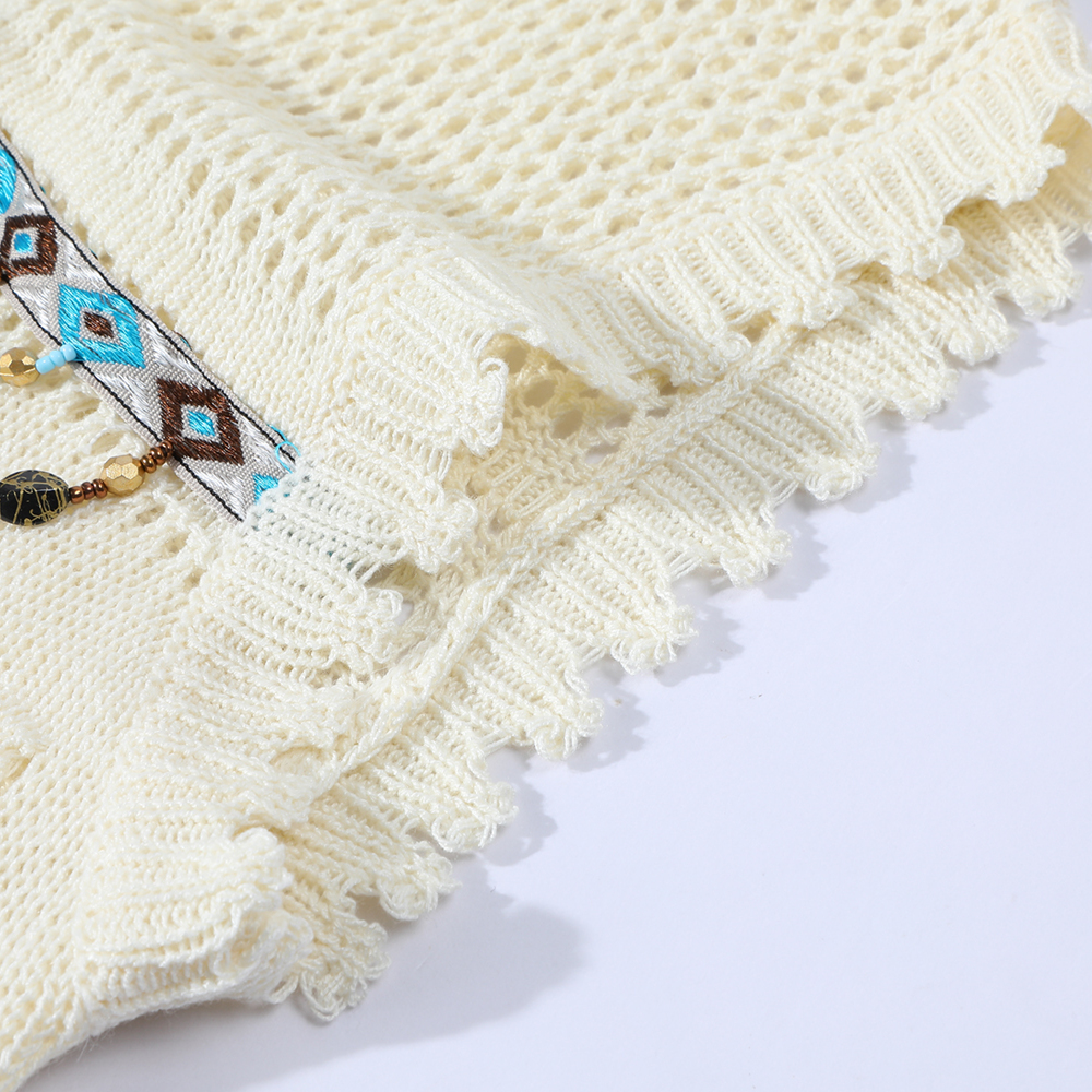 Summer Ethnic Style Knitted Vest with Lace Hollow Design and Bead Tassels - Short Sleeveless Top for Boho and Festival Fashion Summer Ethnic Style Knitted Vest with Lace Hollow Design and Bead Tassels - Short Sleeveless Top for Boho and Festival Fashion