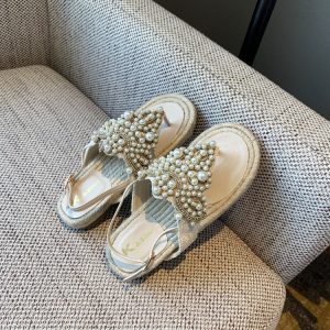 Summer Flat Sandals for Women with Rhinestones and Pearls, Woven Roman Style Thong Beach Shoes, Trendy 2025 Footwear