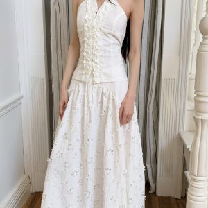 Summer Floral Edge Halter Camisole - Women's Garden-Style Slim Neck White Top for Y2K and 90s Fashion