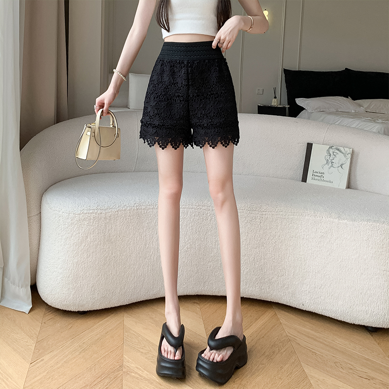 Summer Floral Embroidery Hollow Lace Wide-Leg Short Skirt with Elastic Waist for Beach Vacation Outerwear