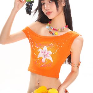 Summer Floral Print Rhinestone Design Asymmetrical Shoulder Crop Tank Top for Hot Girl Style