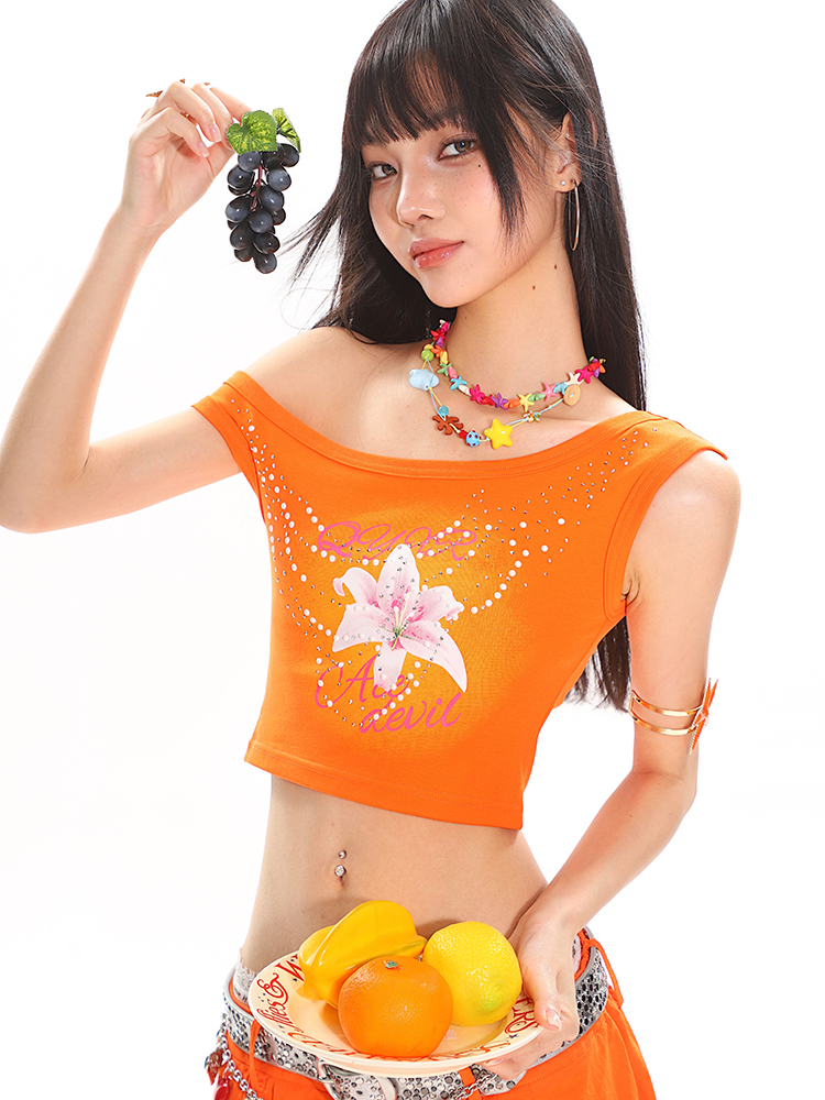 Summer Floral Print Rhinestone Design Asymmetrical Shoulder Crop Tank Top for Hot Girl Style Summer Floral Print Rhinestone Design Asymmetrical Shoulder Crop Tank Top for Hot Girl Style