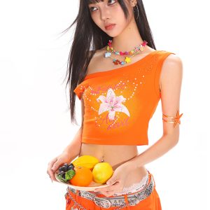 Summer Floral Print Rhinestone Design Asymmetrical Shoulder Crop Tank Top for Hot Girl Style