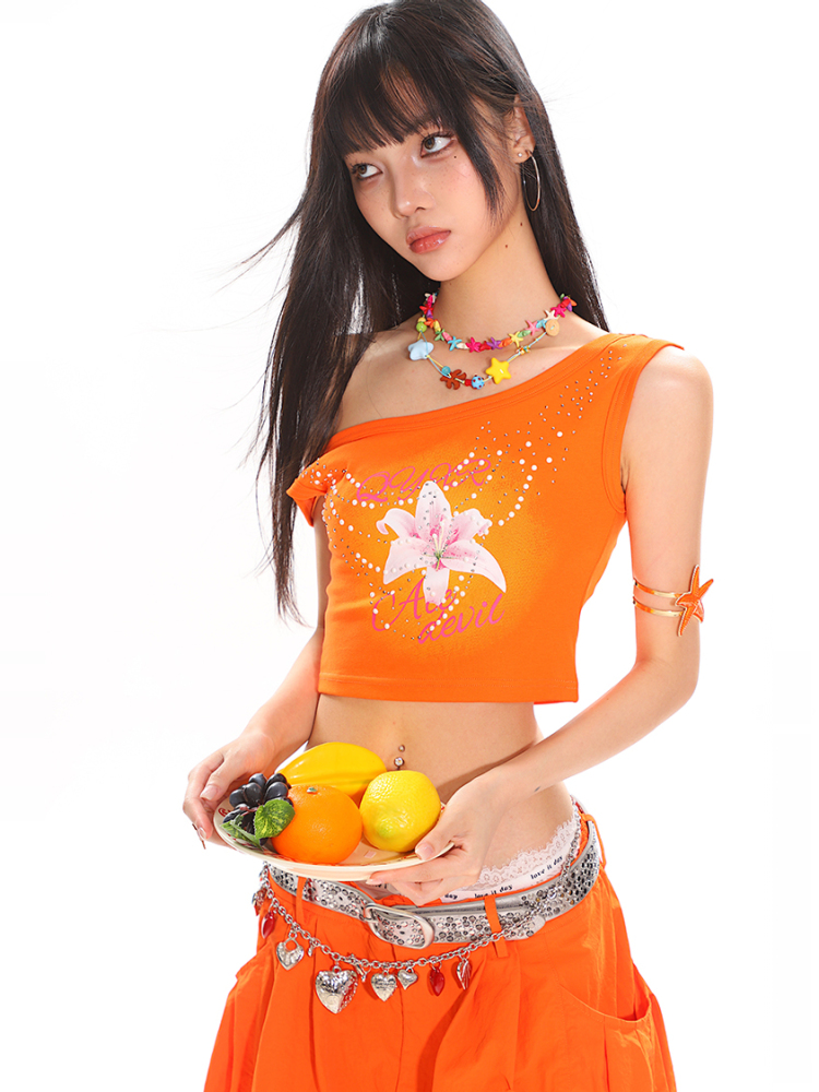 Summer Floral Print Rhinestone Design Asymmetrical Shoulder Crop Tank Top for Hot Girl Style Summer Floral Print Rhinestone Design Asymmetrical Shoulder Crop Tank Top for Hot Girl Style