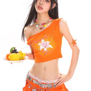 Summer Floral Print Rhinestone Design Asymmetrical Shoulder Crop Tank Top for Hot Girl Style