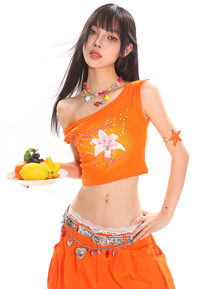 Summer Floral Print Rhinestone Design Asymmetrical Shoulder Crop Tank Top for Hot Girl Style Summer Floral Print Rhinestone Design Asymmetrical Shoulder Crop Tank Top for Hot Girl Style