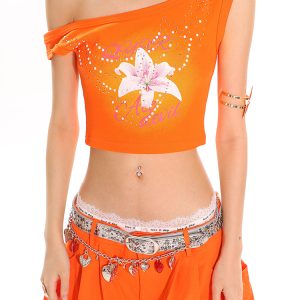 Summer Floral Print Rhinestone Design Asymmetrical Shoulder Crop Tank Top for Hot Girl Style