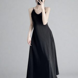Summer Floral Satin Slip Dress, Women's Mid-Length V-Neck Long Dress in Imitation Acetate – Elegant 90s Style