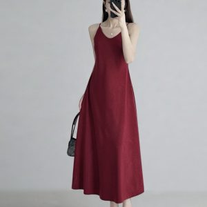 Summer Floral Satin Slip Dress, Women's Mid-Length V-Neck Long Dress in Imitation Acetate – Elegant 90s Style