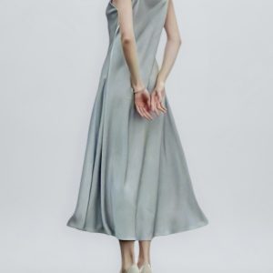 Summer Floral Satin Slip Dress, Women's Mid-Length V-Neck Long Dress in Imitation Acetate – Elegant 90s Style