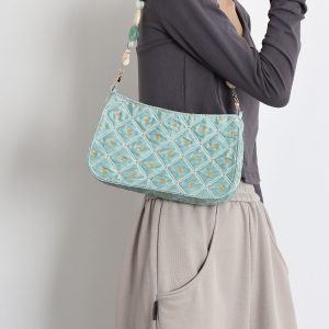 Summer Fresh Retro Green Beaded Crossbody Bag for Women - Artistic Texture Underarm Bag, Original Niche Design