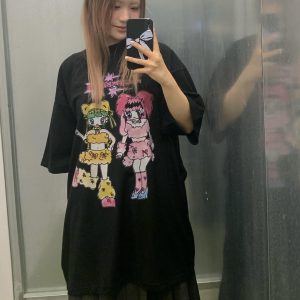 Summer Graffiti Artist Design Loose Fit Cotton Short Sleeve T-Shirt - Trendy Casual Wear for 90s and Y2K Style