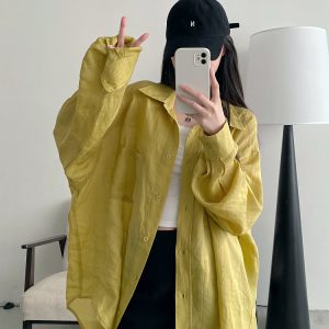 Summer Grapefruit Oversized Loose-Fitting Ramie Shirt for Women – Relaxed, Versatile, Slimming Style