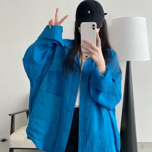 Summer Grapefruit Oversized Loose-Fitting Ramie Shirt for Women – Relaxed, Versatile, Slimming Style