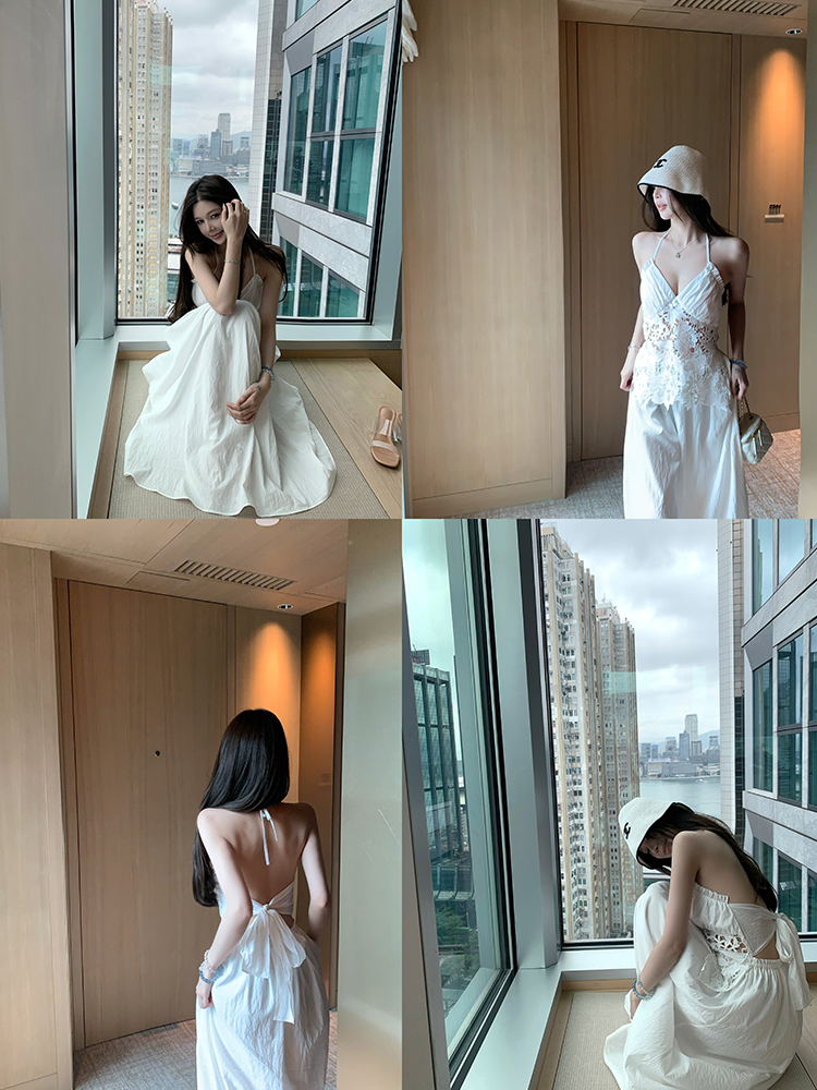 Summer Halter Neck Dress in Jasmine White Tea with Lace Splice - Long Vacation Dress for a Chic 90s Look Summer Halter Neck Dress in Jasmine White Tea with Lace Splice - Long Vacation Dress for a Chic 90s Look