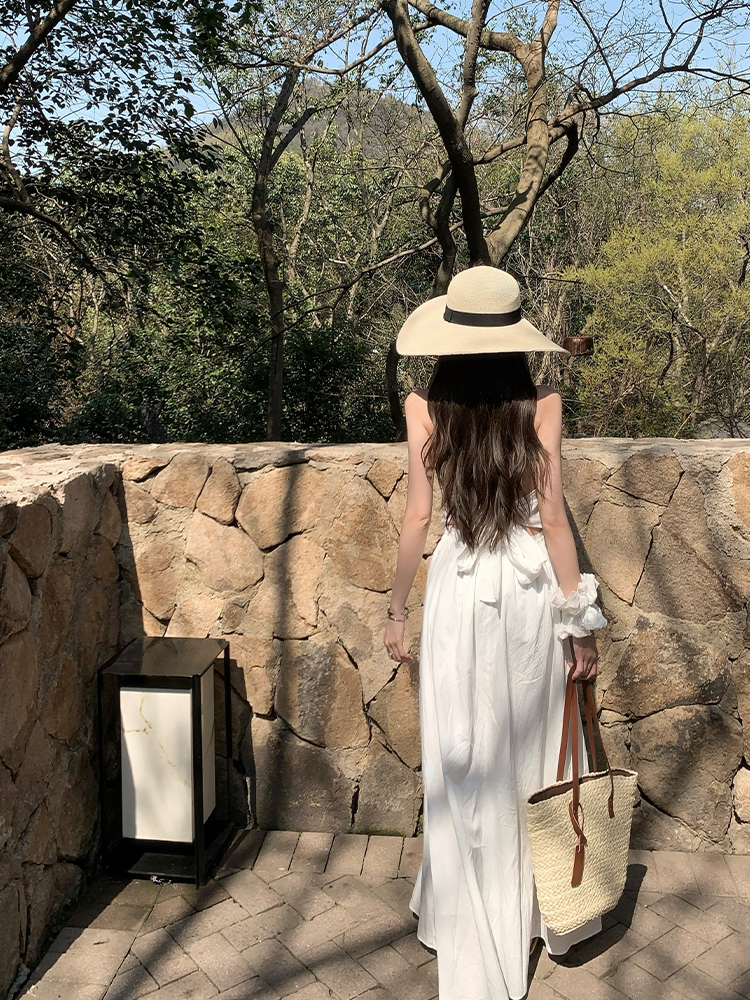 Summer Halter Neck Dress in Jasmine White Tea with Lace Splice - Long Vacation Dress for a Chic 90s Look Summer Halter Neck Dress in Jasmine White Tea with Lace Splice - Long Vacation Dress for a Chic 90s Look