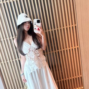 Summer Halter Neck Dress in Jasmine White Tea with Lace Splice - Long Vacation Dress for a Chic 90s Look