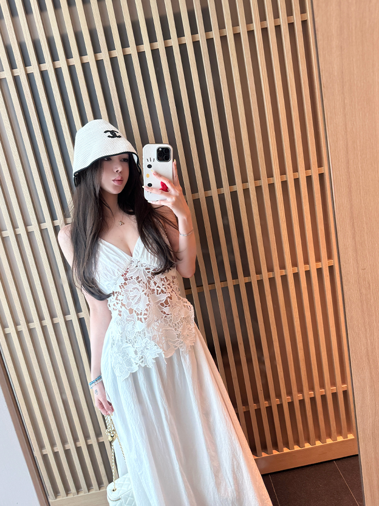 Summer Halter Neck Dress in Jasmine White Tea with Lace Splice - Long Vacation Dress for a Chic 90s Look Summer Halter Neck Dress in Jasmine White Tea with Lace Splice - Long Vacation Dress for a Chic 90s Look