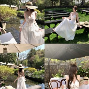 Summer Halter Neck Dress in Jasmine White Tea with Lace Splice - Long Vacation Dress for a Chic 90s Look