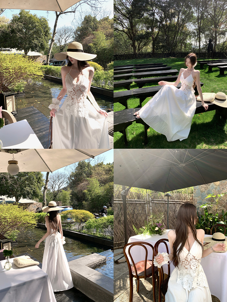 Summer Halter Neck Dress in Jasmine White Tea with Lace Splice - Long Vacation Dress for a Chic 90s Look Summer Halter Neck Dress in Jasmine White Tea with Lace Splice - Long Vacation Dress for a Chic 90s Look