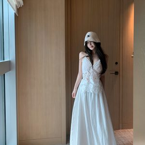 Summer Halter Neck Dress in Jasmine White Tea with Lace Splice - Long Vacation Dress for a Chic 90s Look