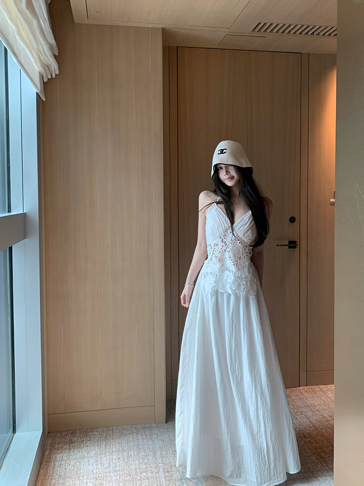 Summer Halter Neck Dress in Jasmine White Tea with Lace Splice - Long Vacation Dress for a Chic 90s Look Summer Halter Neck Dress in Jasmine White Tea with Lace Splice - Long Vacation Dress for a Chic 90s Look