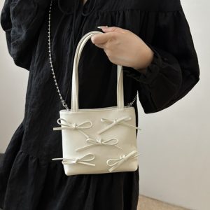 Summer High-End Women's Bucket Handbag with Chain and Silver Bow - Trendy 2025 Fashion Accessory