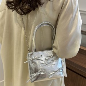 Summer High-End Women's Bucket Handbag with Chain and Silver Bow - Trendy 2025 Fashion Accessory