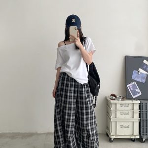 Summer High-Waisted Wide-Leg Checkered Casual Pants for Women - Loose Fit Draping Effect, Straight Leg, Trendy Everyday Style