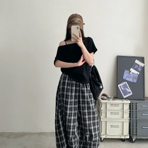 Summer High-Waisted Wide-Leg Checkered Casual Pants for Women - Loose Fit Draping Effect, Straight Leg, Trendy Everyday Style