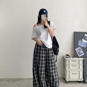 Summer High-Waisted Wide-Leg Checkered Casual Pants for Women - Loose Fit Draping Effect, Straight Leg, Trendy Everyday Style