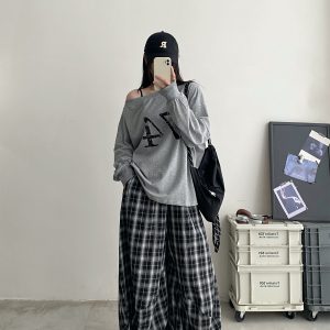 Summer High-Waisted Wide-Leg Checkered Casual Pants for Women - Loose Fit Draping Effect, Straight Leg, Trendy Everyday Style