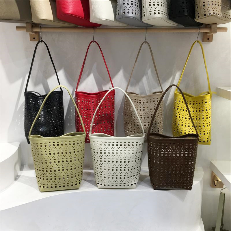 Summer Hollow Carved Design Soft Leather Large Capacity Shoulder Bucket Bag - Trendy Y2K Fashion Accessory