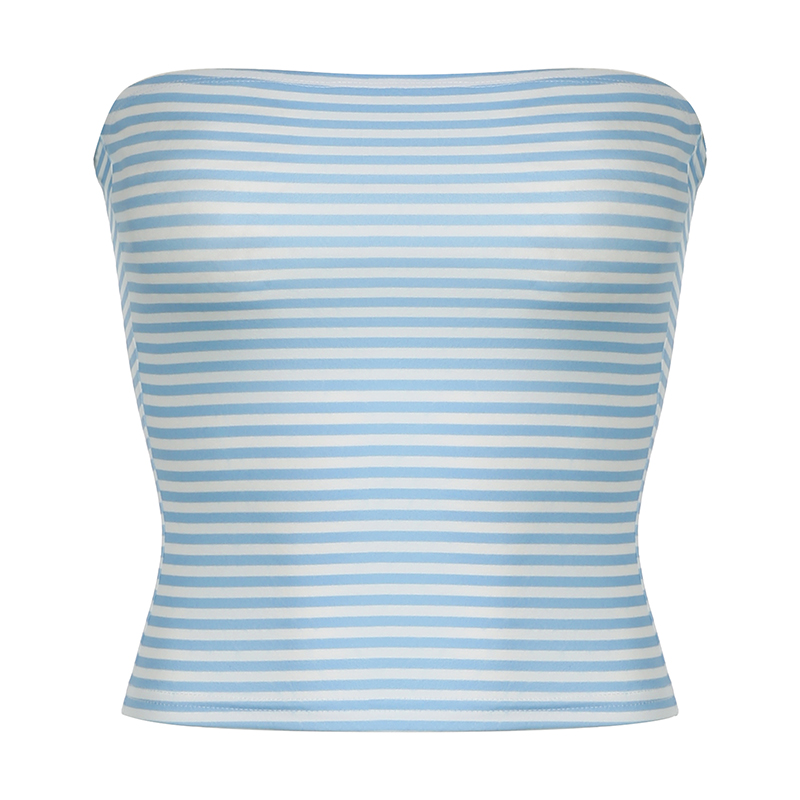 Summer Island Blue Strapless Striped Tank Top for Women, Elastic Wrap, Backless Design, Skin Tone Enhancing, Y2K Style