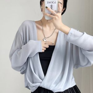 Summer Knot Shawl Long Sleeve Airy Chiffon Top - Sun Protection Slim Fit Wrinkled Outer Shirt for Air Conditioning