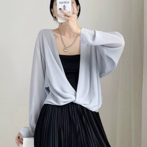 Summer Knot Shawl Long Sleeve Airy Chiffon Top - Sun Protection Slim Fit Wrinkled Outer Shirt for Air Conditioning